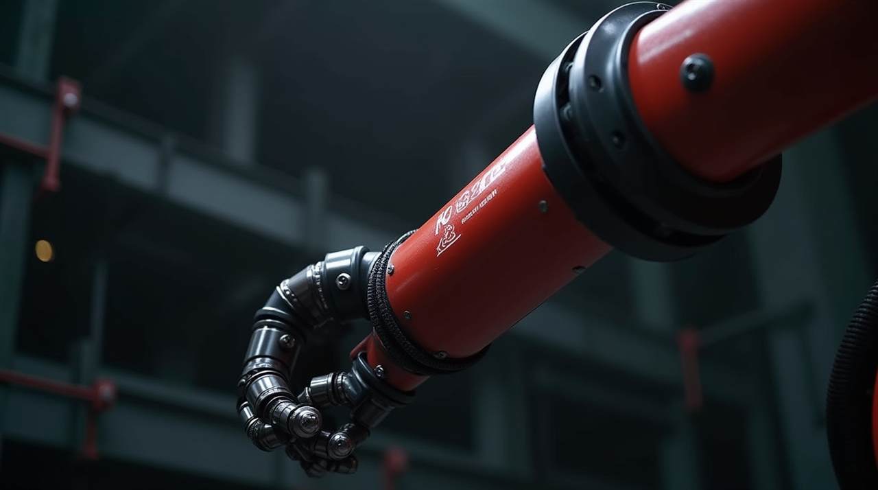Industrial robotic arm in a dark machine hall under hard red light